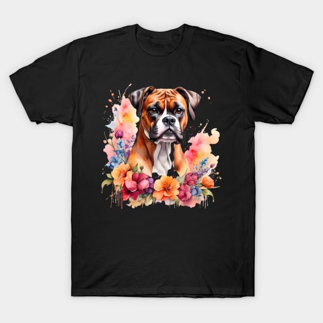 A boxer dog decorated with beautiful watercolor flowers T-Shirt by CreativeSparkzz